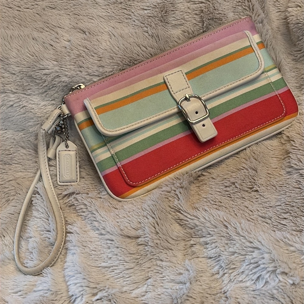 Vintage Y2K 90s Coach Hamptons Multicolor Striped Twill Wristlet 40509